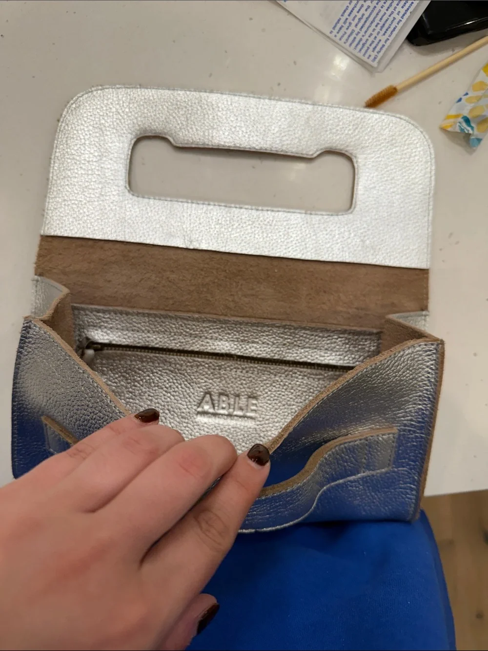 ABLE Mare Handle Clutch Purse Metallic Pebble Leather Silver